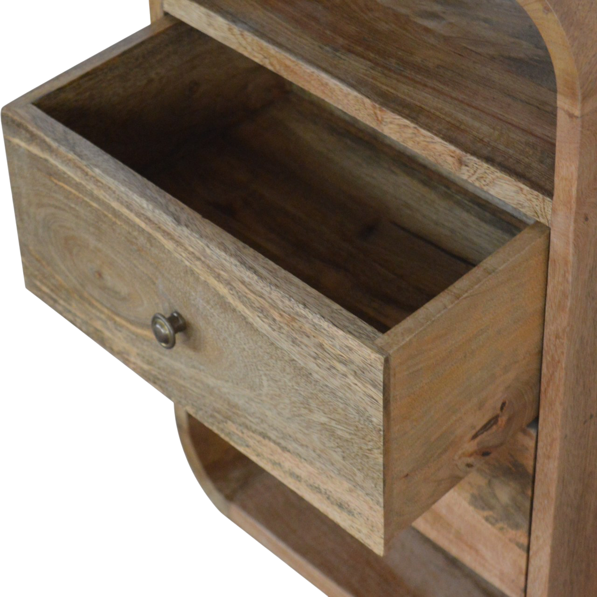 Hadley 2-Drawer Bedside Table in Amber, shown with a drawer open.