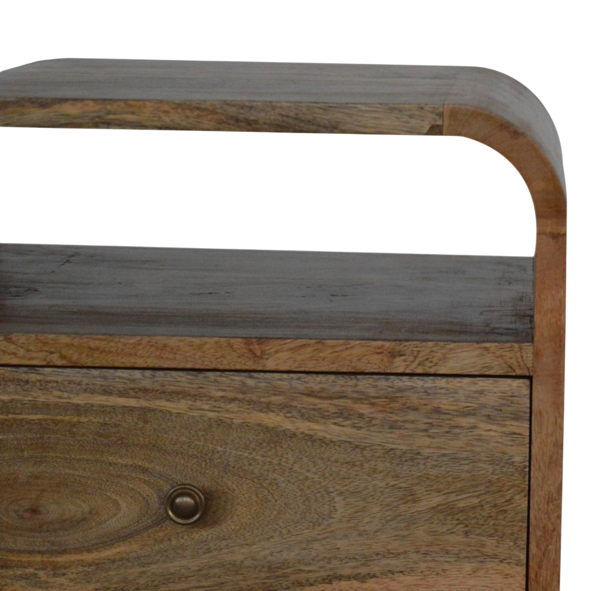 Close view of the knobs on the Hadley 2-Drawer Bedside Table in Amber.