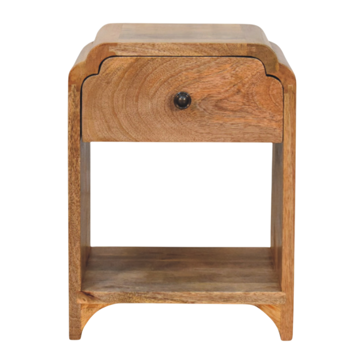 Hadley Mini Bedside Table in Amber, front view. Solid hardwood throughout, amber finish, scalloped edges.