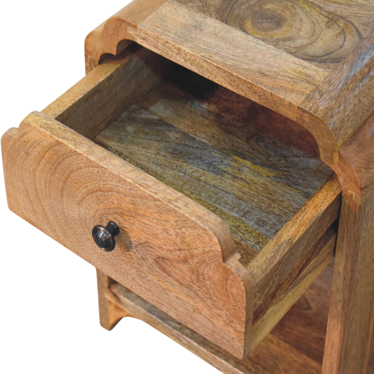 Hadley Mini Bedside Table in Amber, shown with a drawer open.