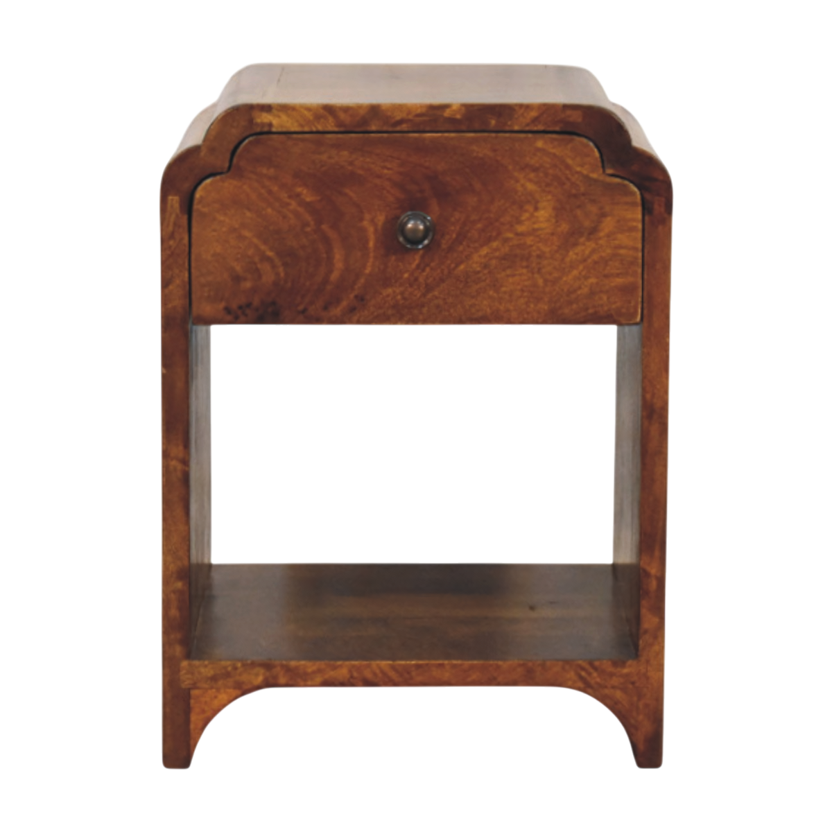Hadley Mini Bedside Table in Chestnut, front view. Solid hardwood throughout, chestnut finish, scalloped edges.
