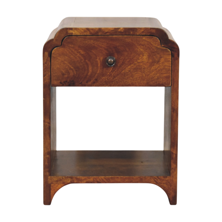 Hadley Mini Bedside Table in Chestnut, front view. Solid hardwood throughout, chestnut finish, scalloped edges.
