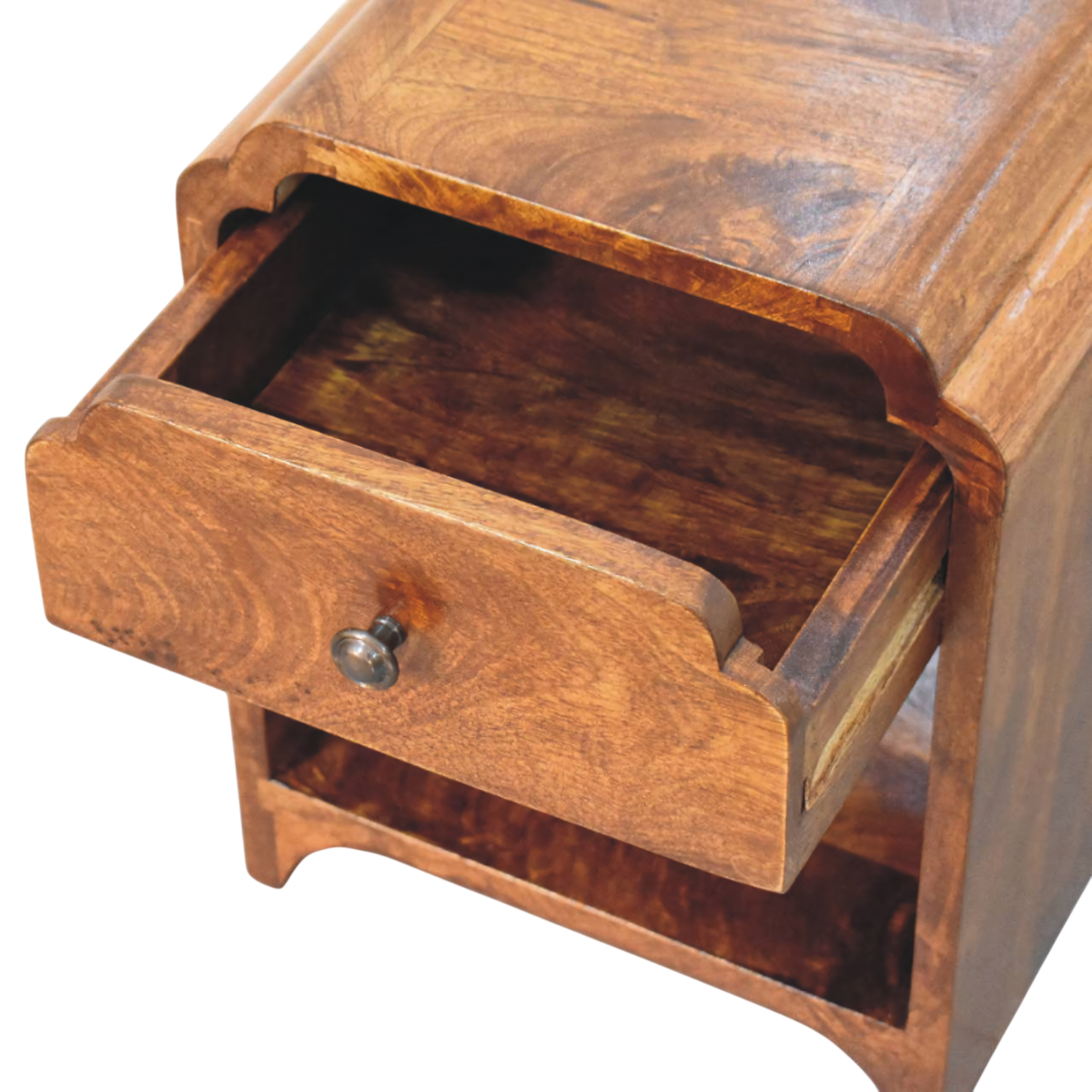 Hadley Mini Bedside Table in Chestnut, shown with a drawer open.