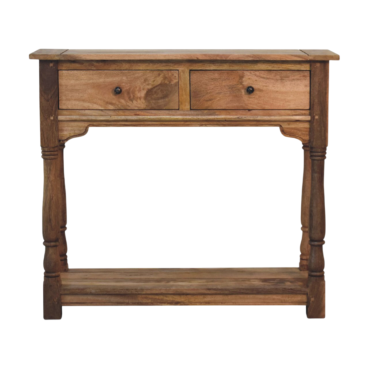 Haldon 2-Drawer Console Table in Driftwood, front view. 100% solid hardwood in a hand-distressed driftwood finish, cut grooves, exposed wooden pegs, two drawers.