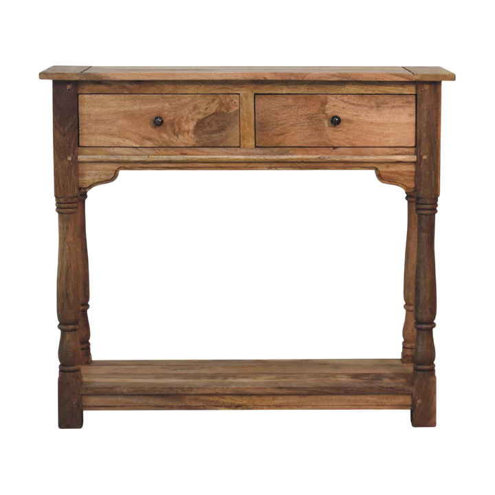 Haldon 2-Drawer Console Table in Driftwood, front view. 100% solid hardwood in a hand-distressed driftwood finish, cut grooves, exposed wooden pegs, two drawers.