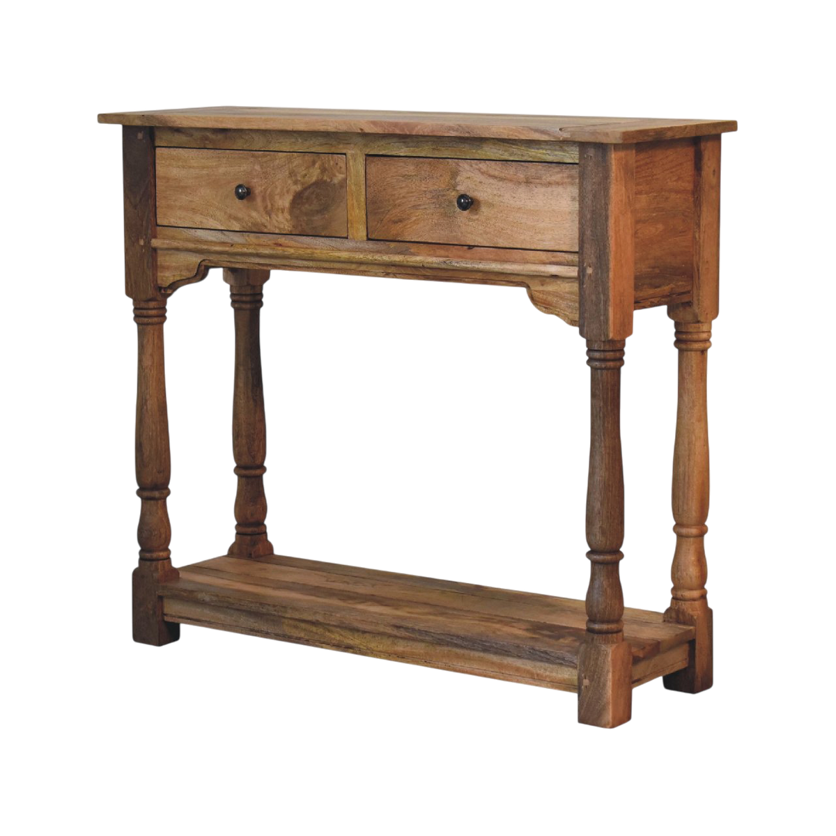 Haldon 2-Drawer Console Table in Driftwood, three-quarter view showing the full profile.