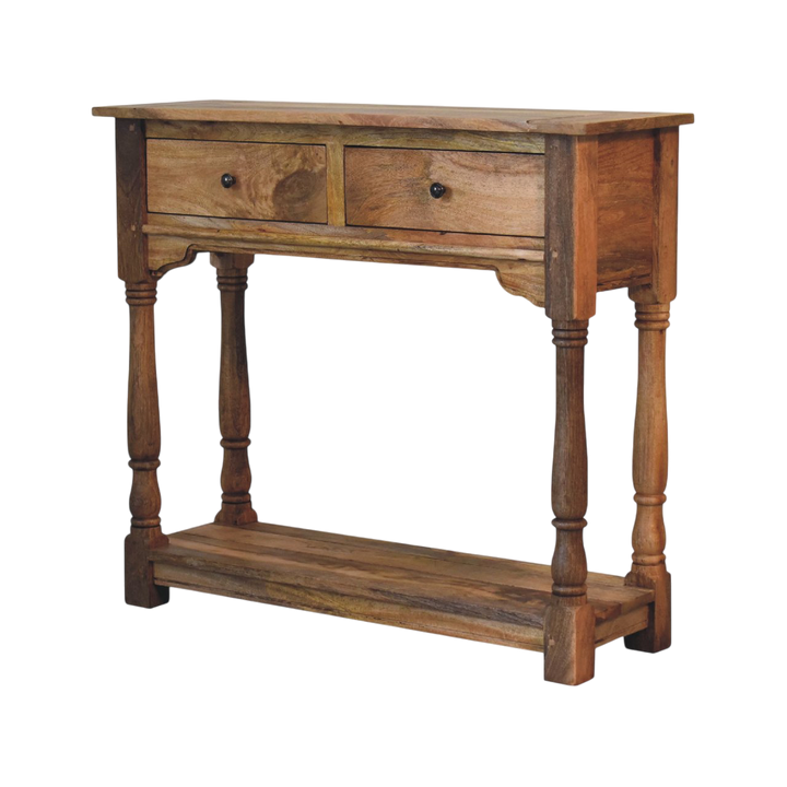 Haldon 2-Drawer Console Table in Driftwood, three-quarter view showing the full profile.