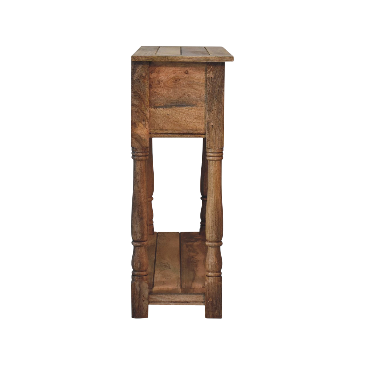 Haldon 2-Drawer Console Table in Driftwood, side view showing the depth.