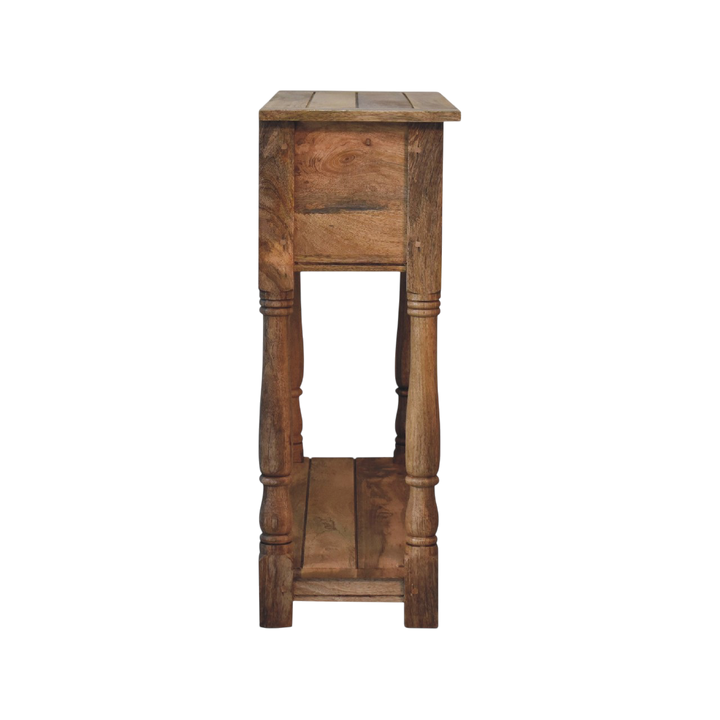 Haldon 2-Drawer Console Table in Driftwood, side view showing the depth.