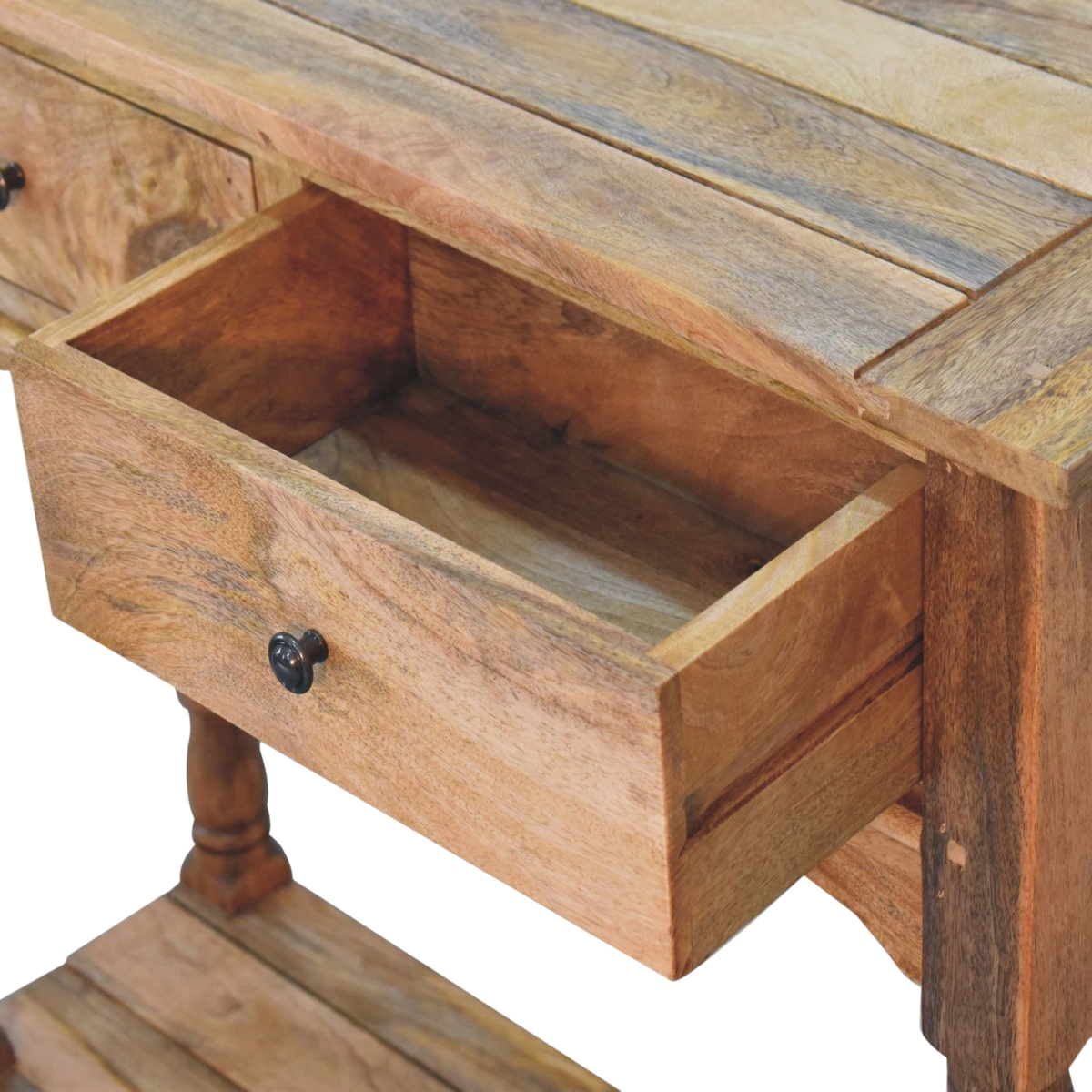Haldon 2-Drawer Console Table in Driftwood, shown with a drawer open.