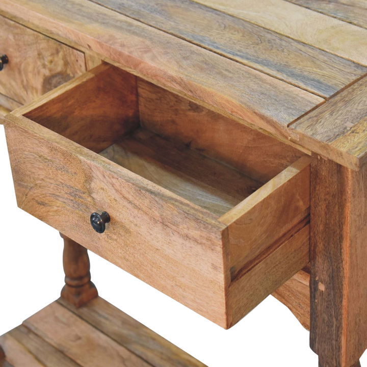 Haldon 2-Drawer Console Table in Driftwood, shown with a drawer open.