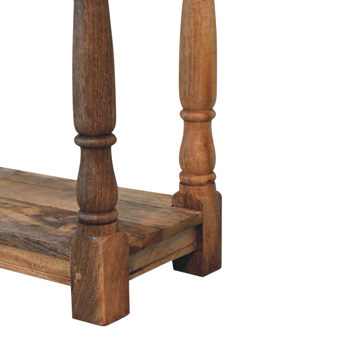 Close view of the legs on the Haldon 2-Drawer Console Table in Driftwood.