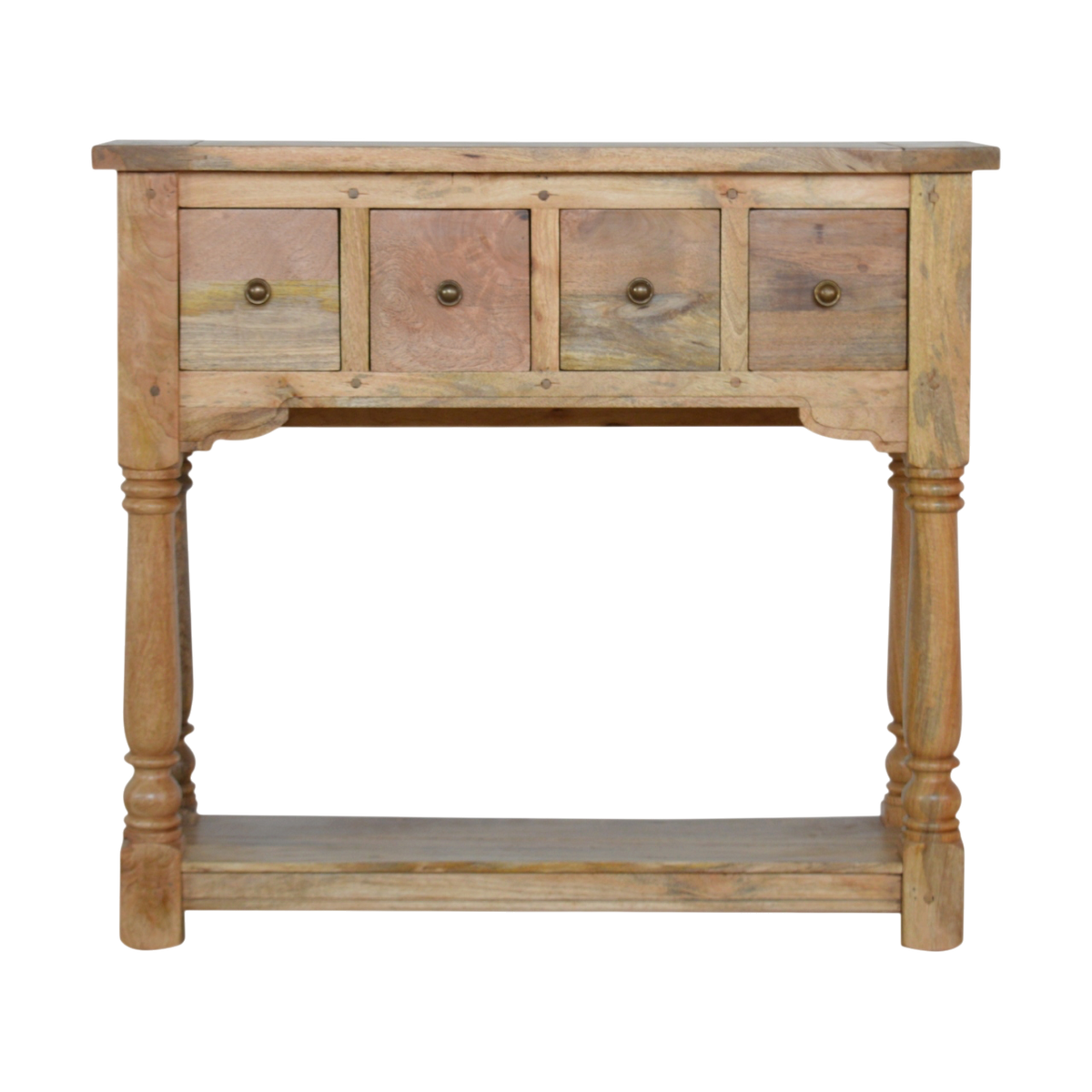 Haldon 4-Drawer Console Table in Driftwood, front view. 100% solid hardwood in a hand-distressed driftwood finish, four drawers, a lower shelf, legs turned by hand.