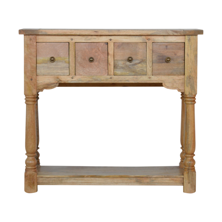 Haldon 4-Drawer Console Table in Driftwood, front view. 100% solid hardwood in a hand-distressed driftwood finish, four drawers, a lower shelf, legs turned by hand.