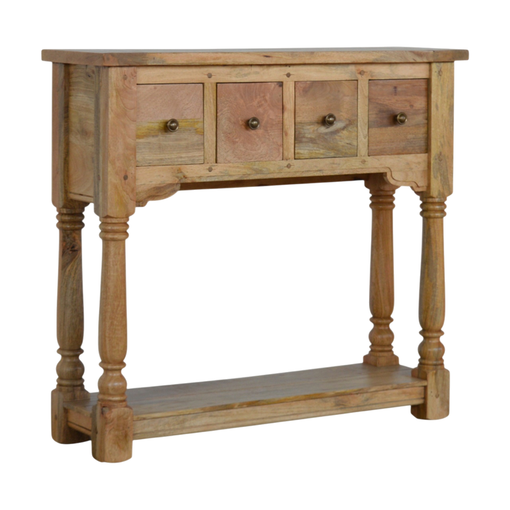 Haldon 4-Drawer Console Table in Driftwood, three-quarter view showing the full profile.