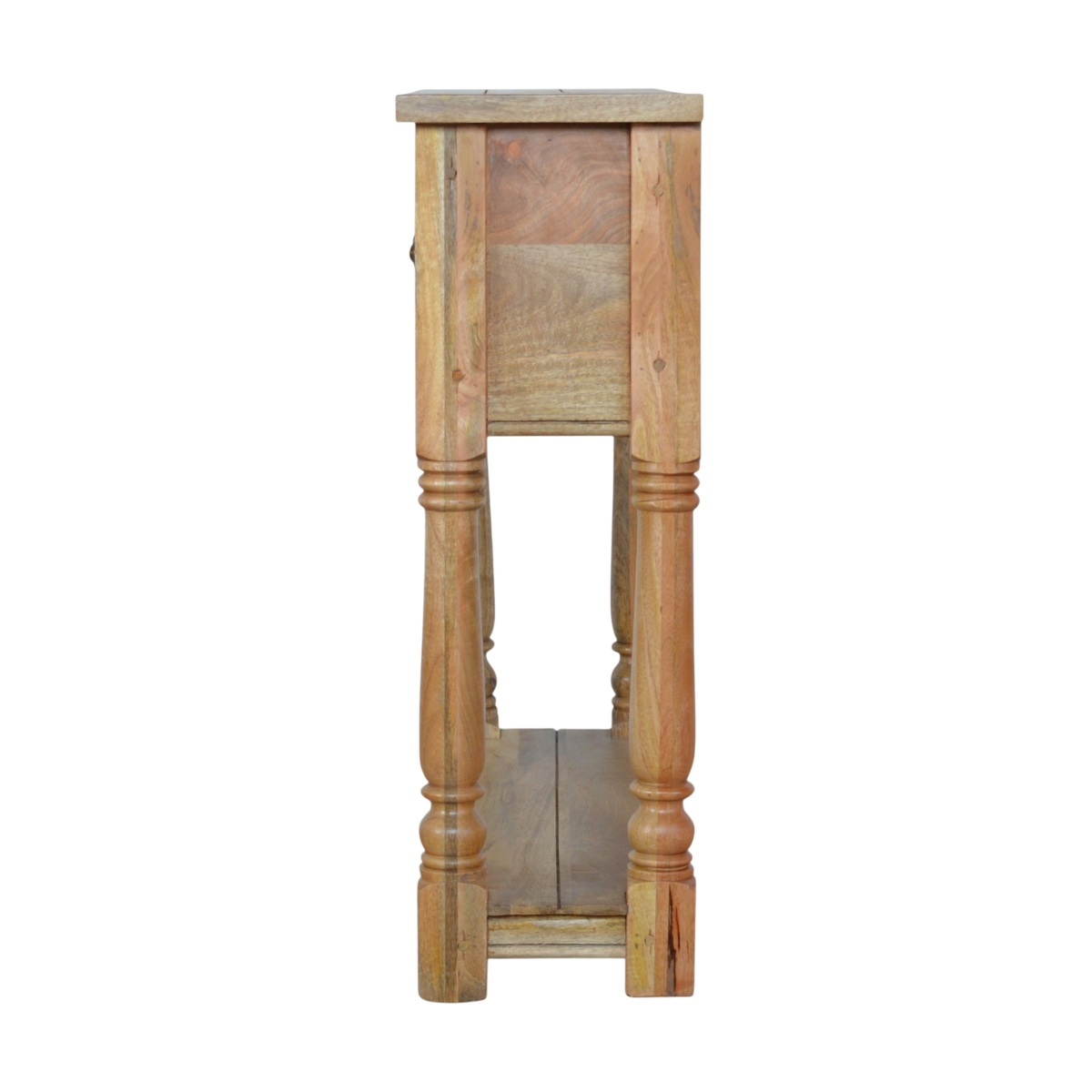 Haldon 4-Drawer Console Table in Driftwood, side view showing the depth.