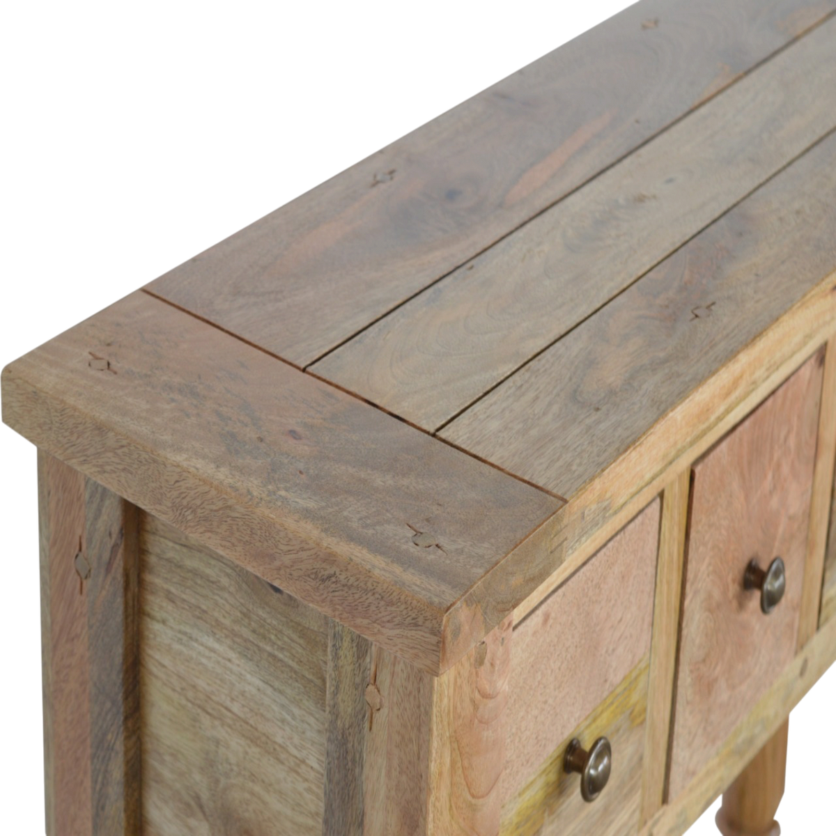 Close view of the top on the Haldon 4-Drawer Console Table in Driftwood.