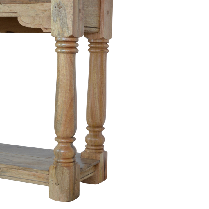 Close view of the legs on the Haldon 4-Drawer Console Table in Driftwood.