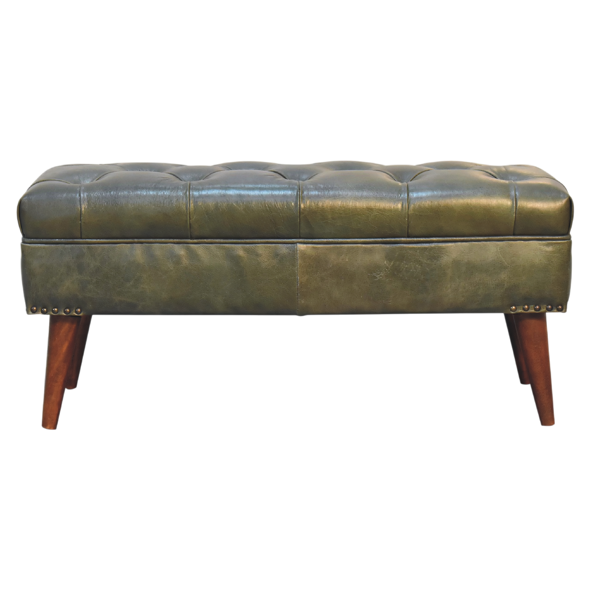 Haldon Bench in Olive Leather, front view. Olive leather seat with deep buttoning and nailhead trim.