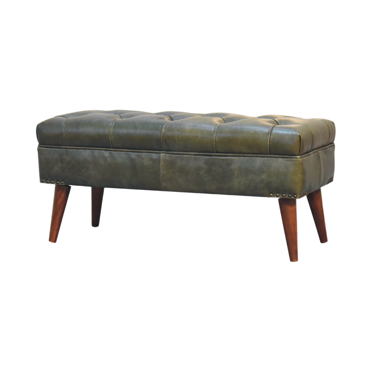 Haldon Bench in Olive Leather, three-quarter view showing the full profile.