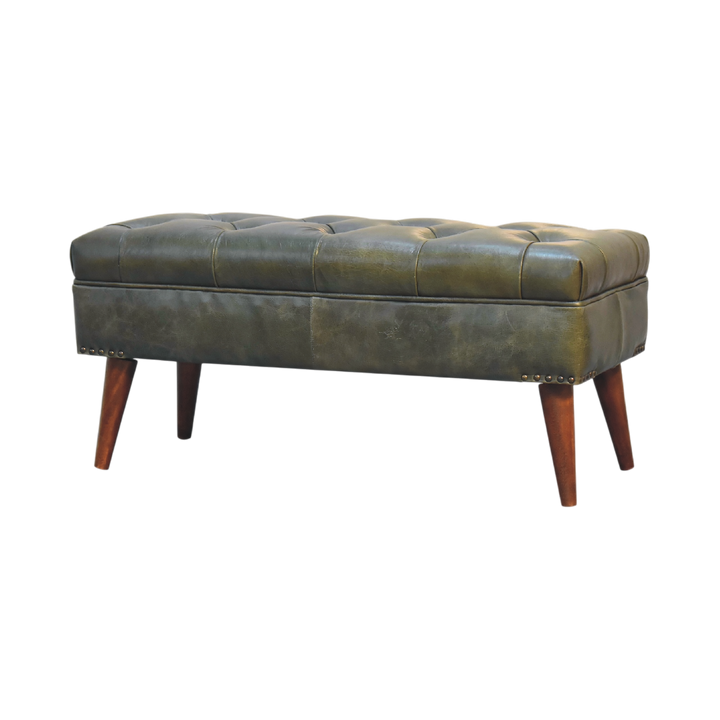Haldon Bench in Olive Leather, three-quarter view showing the full profile.