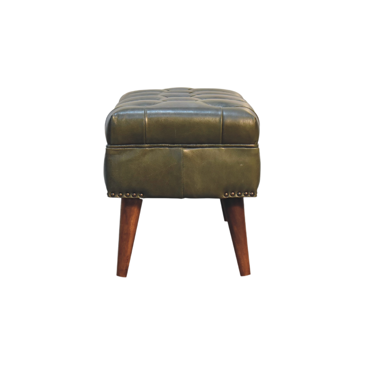 Haldon Bench in Olive Leather, side view showing the depth.