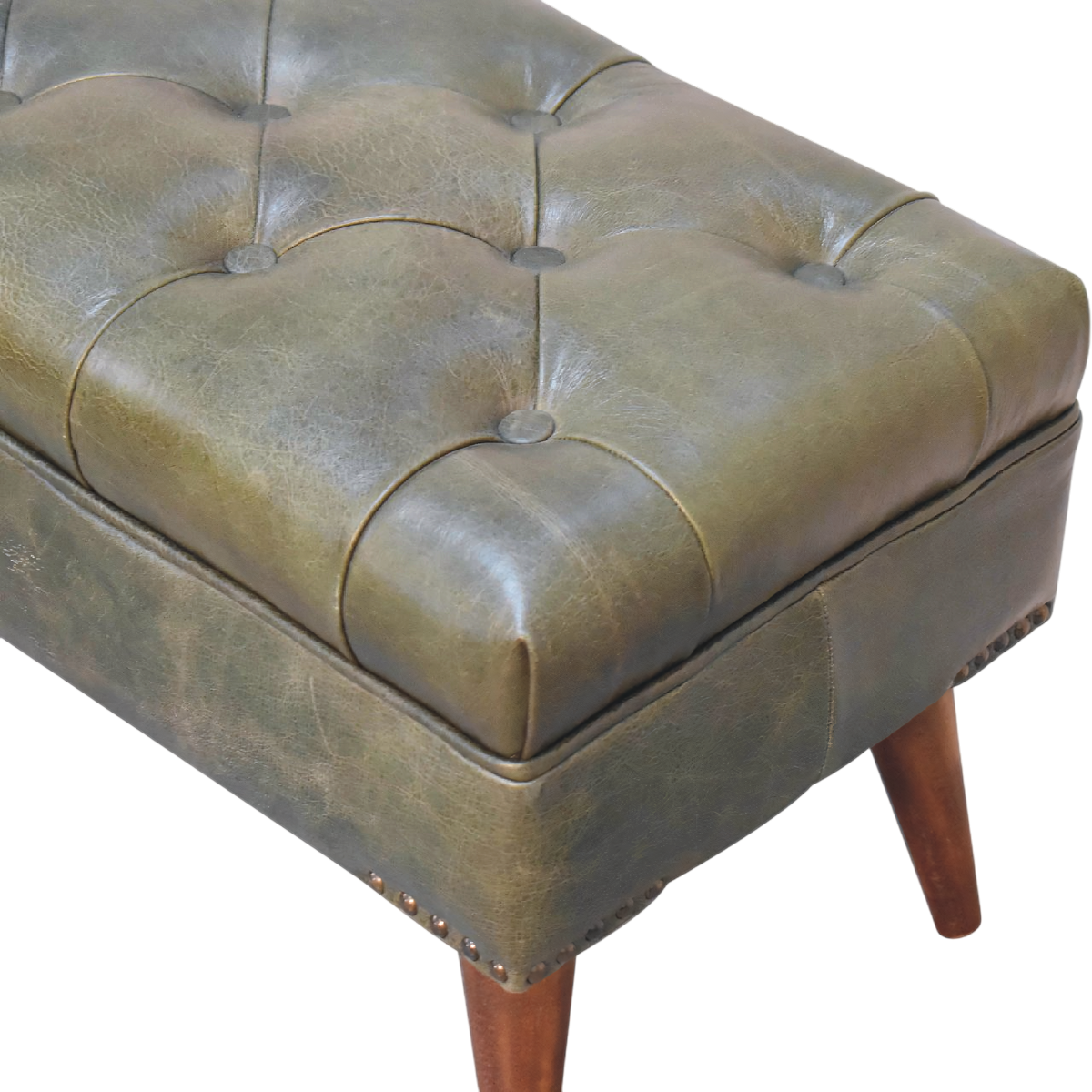 Close view of the hand-set buttoning on the Haldon Bench in Olive Leather.