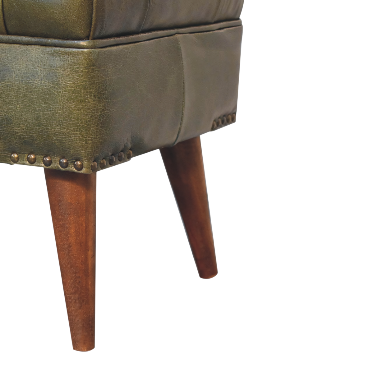 Close view of the stud trim on the Haldon Bench in Olive Leather.