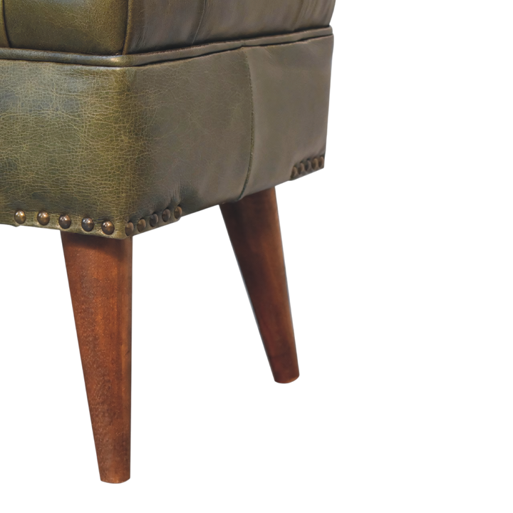 Close view of the stud trim on the Haldon Bench in Olive Leather.