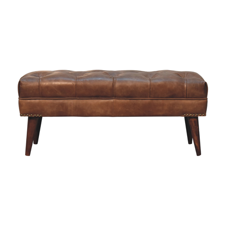 Haldon Bench in Tobacco Leather, front view. Tobacco leather seat with deep buttoning and nailhead trim.