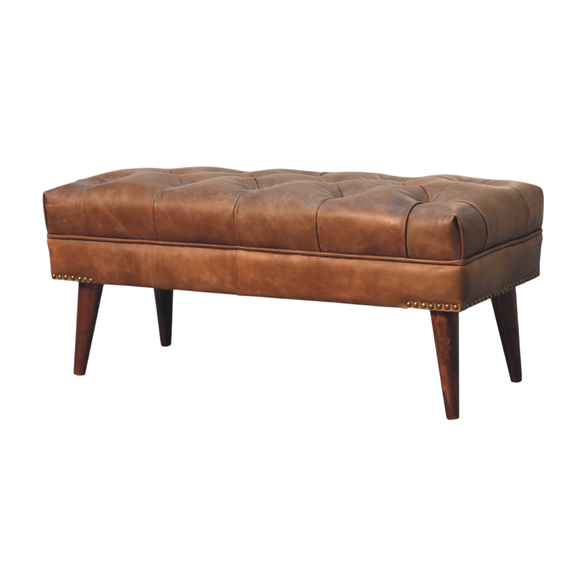 Haldon Bench in Tobacco Leather, three-quarter view showing the full profile.