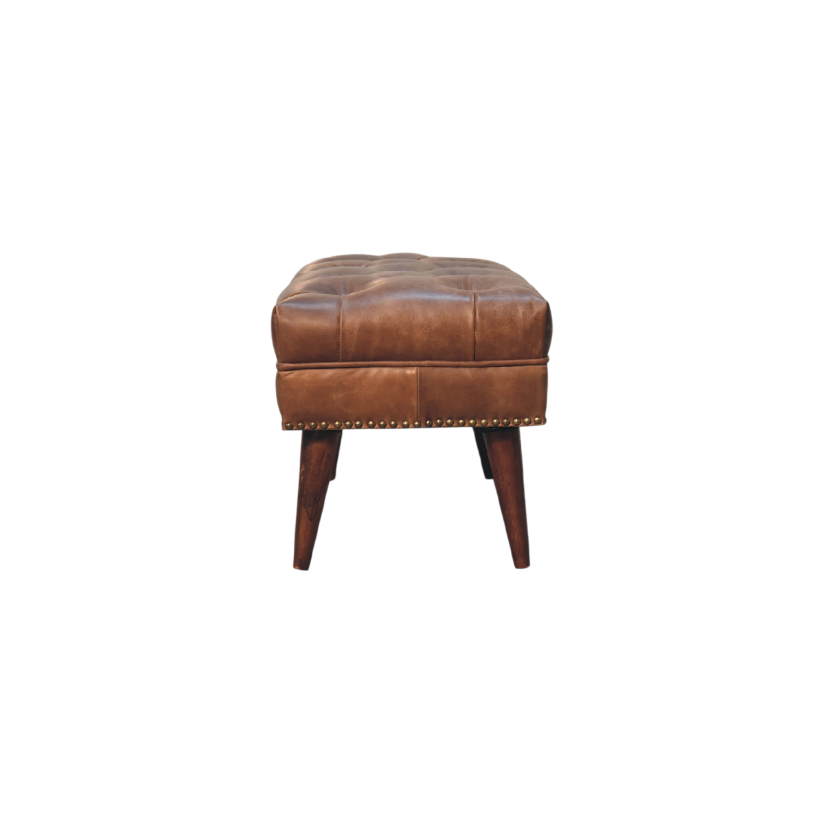 Haldon Bench in Tobacco Leather, side view showing the depth.