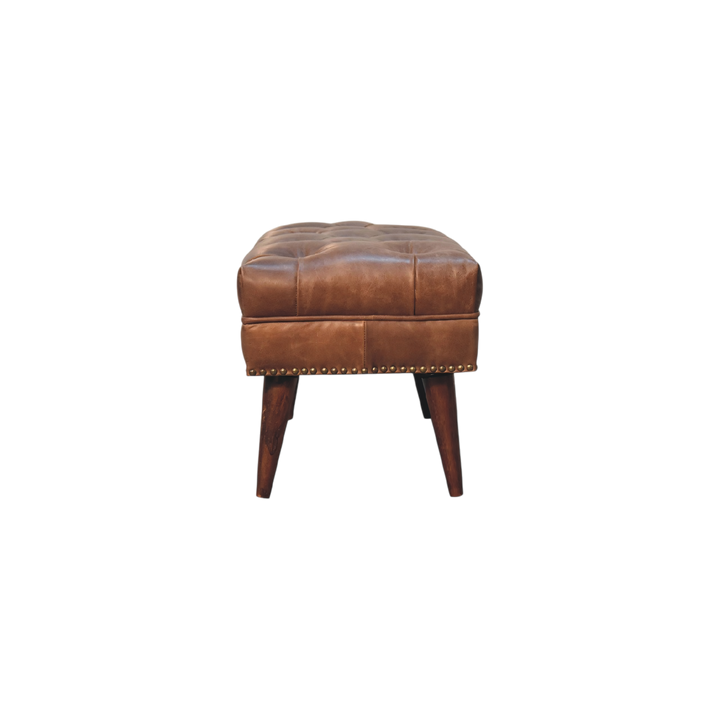 Haldon Bench in Tobacco Leather, side view showing the depth.
