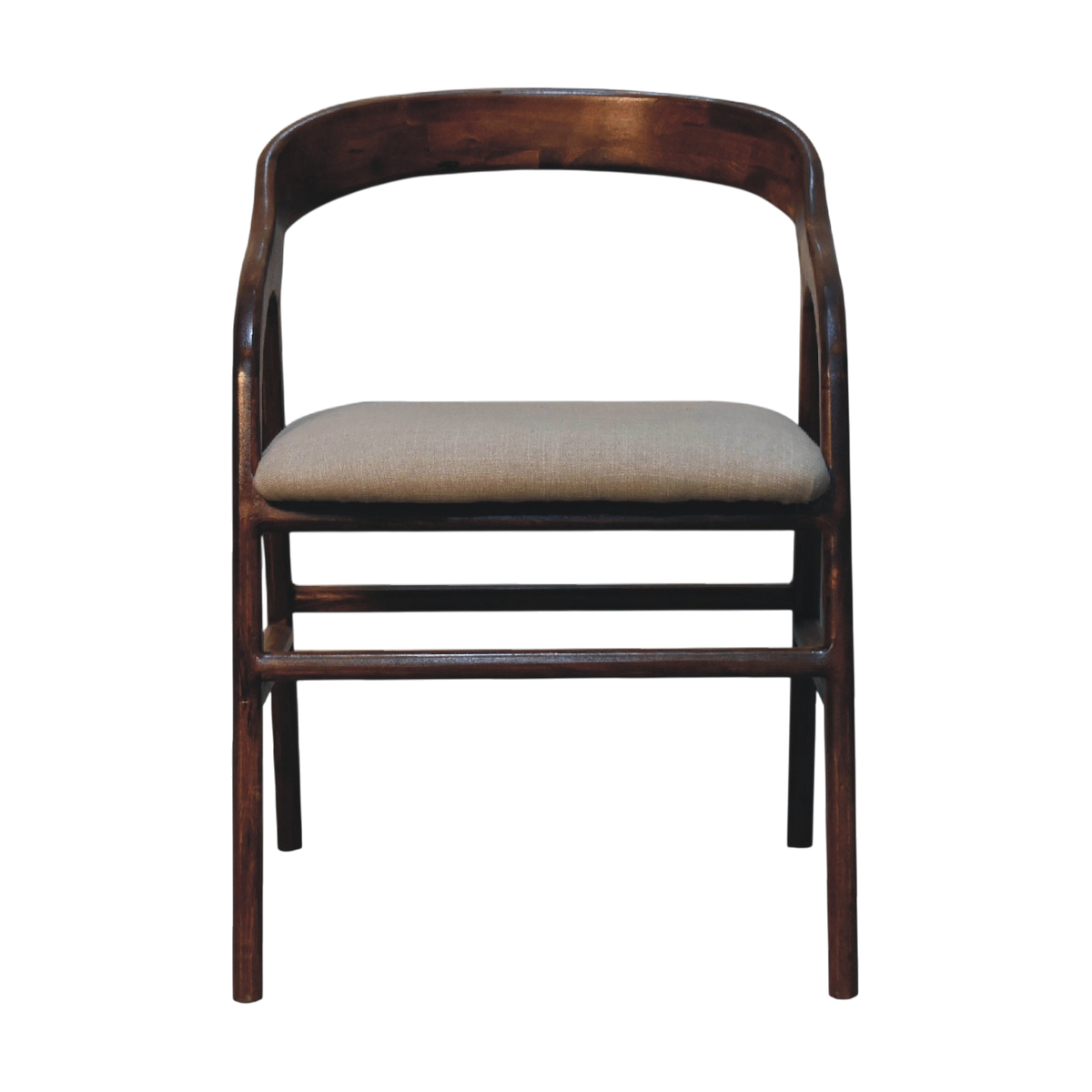 Hampstead Deco Chair in Clay Linen, front view. Clay linen seat on a 100% solid hardwood frame in a chestnut finish, geometric Deco lines.