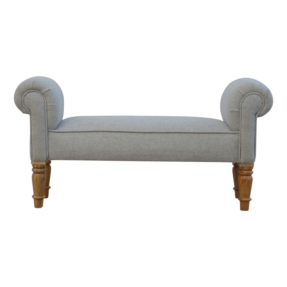 Hampstead Roll-Arm Bench in Dove Tweed, front view. Dove tweed upholstery with rolled arms on turned hardwood legs.
