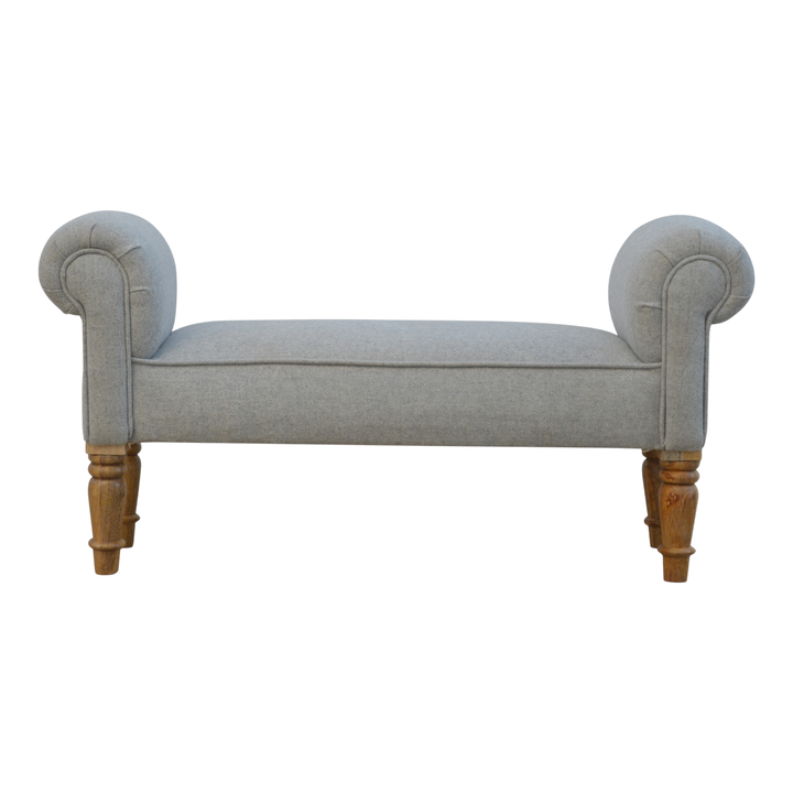 Hampstead Roll-Arm Bench in Dove Tweed, front view. Dove tweed upholstery with rolled arms on turned hardwood legs.