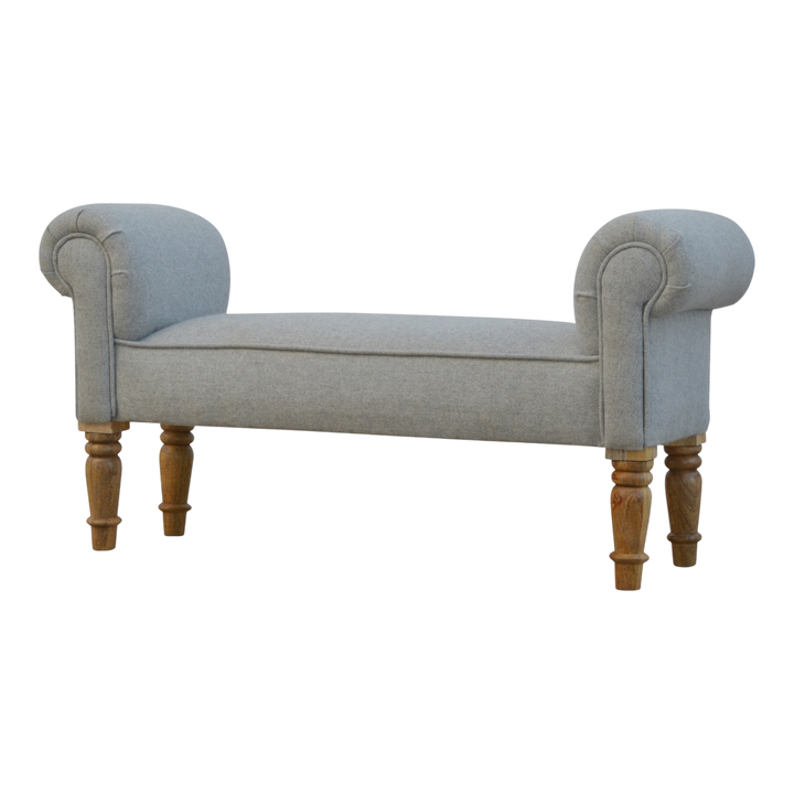 Hampstead Roll-Arm Bench in Dove Tweed, three-quarter view showing the full profile.