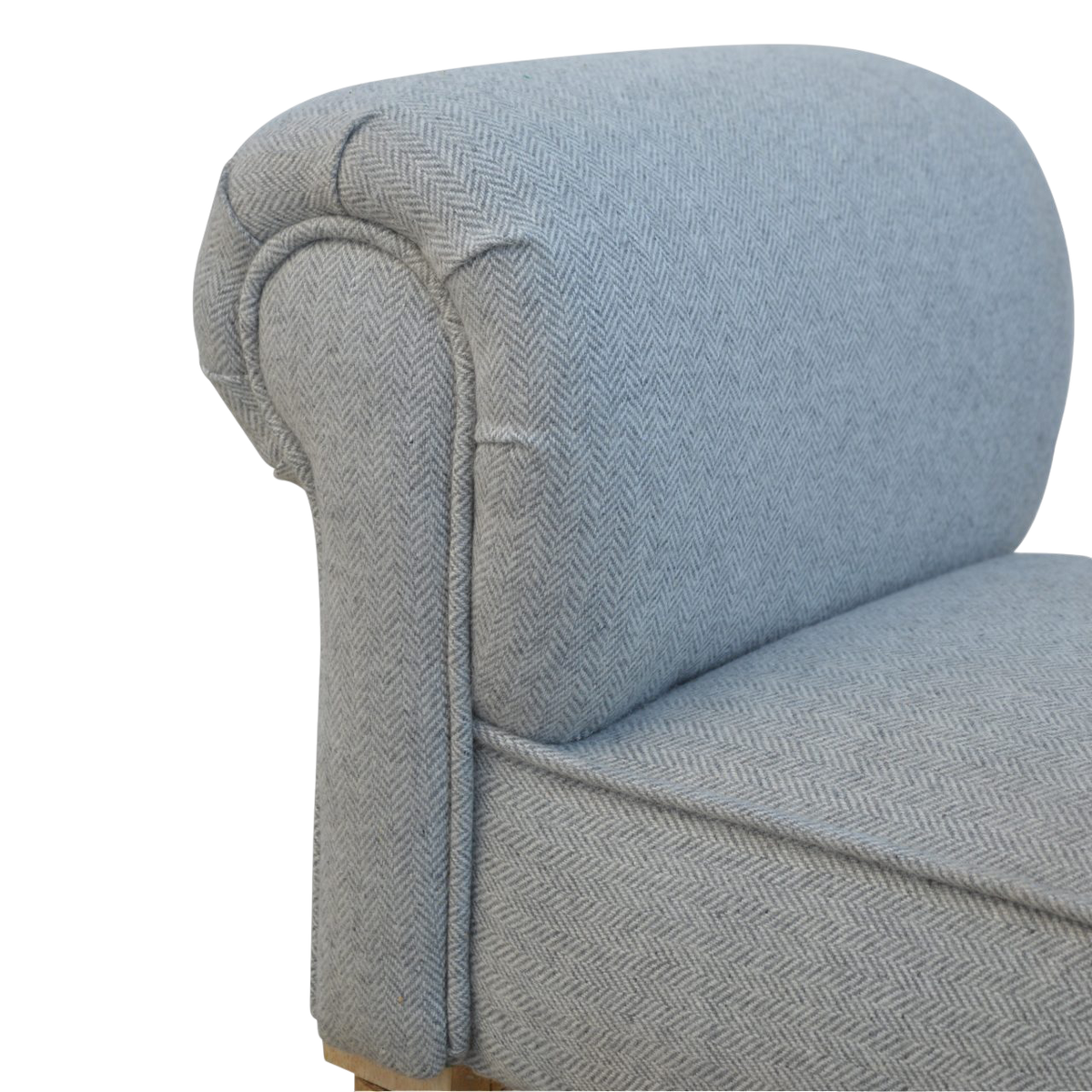 Close view of the rolled arm and upholstery on the Hampstead Roll-Arm Bench in Dove Tweed.