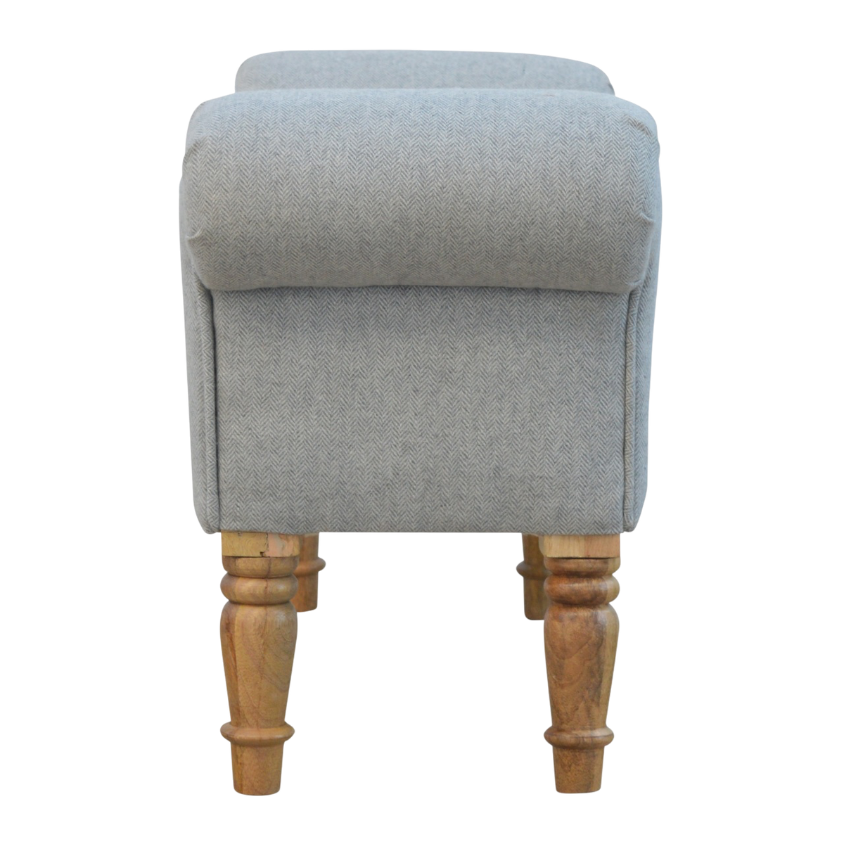 Hampstead Roll-Arm Bench in Dove Tweed, side view showing the depth.