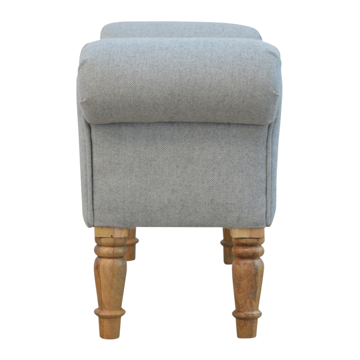 Hampstead Roll-Arm Bench in Dove Tweed, side view showing the depth.