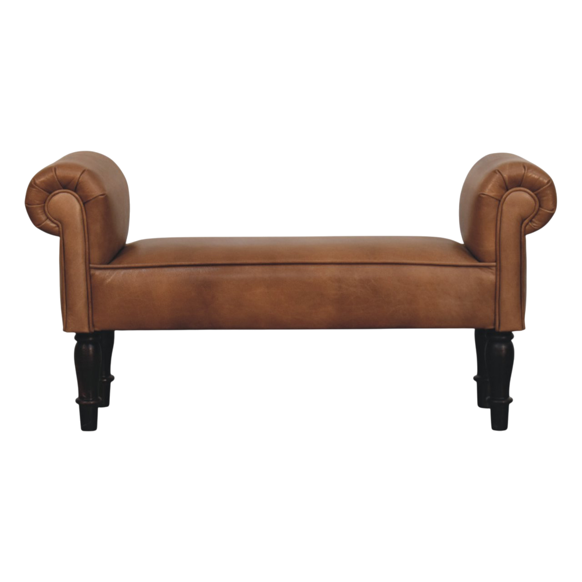 Hampstead Roll-Arm Bench in Tobacco Leather, front view. Tobacco leather with rolled arms on turned cocoa legs.