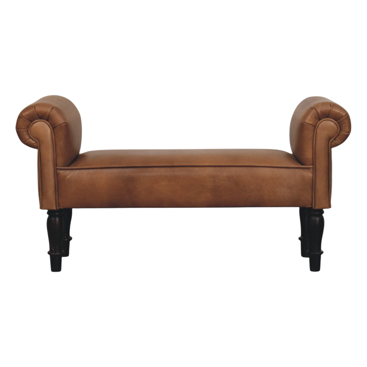 Hampstead Roll-Arm Bench in Tobacco Leather, front view. Tobacco leather with rolled arms on turned cocoa legs.