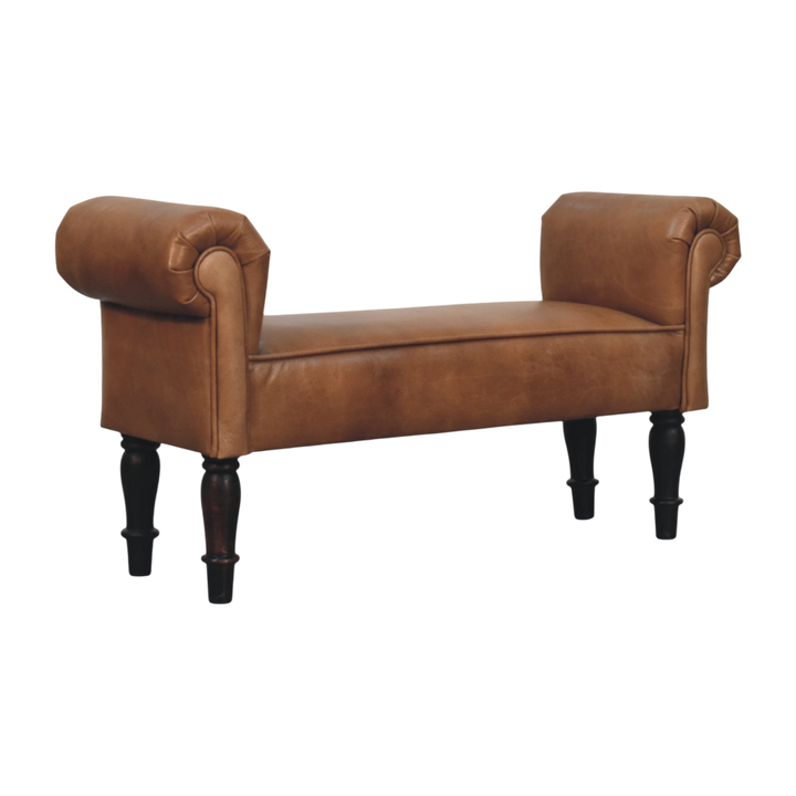 Hampstead Roll-Arm Bench in Tobacco Leather, three-quarter view showing the full profile.