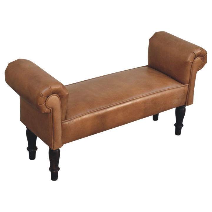 Hampstead Roll-Arm Bench in Tobacco Leather, side view showing the depth.