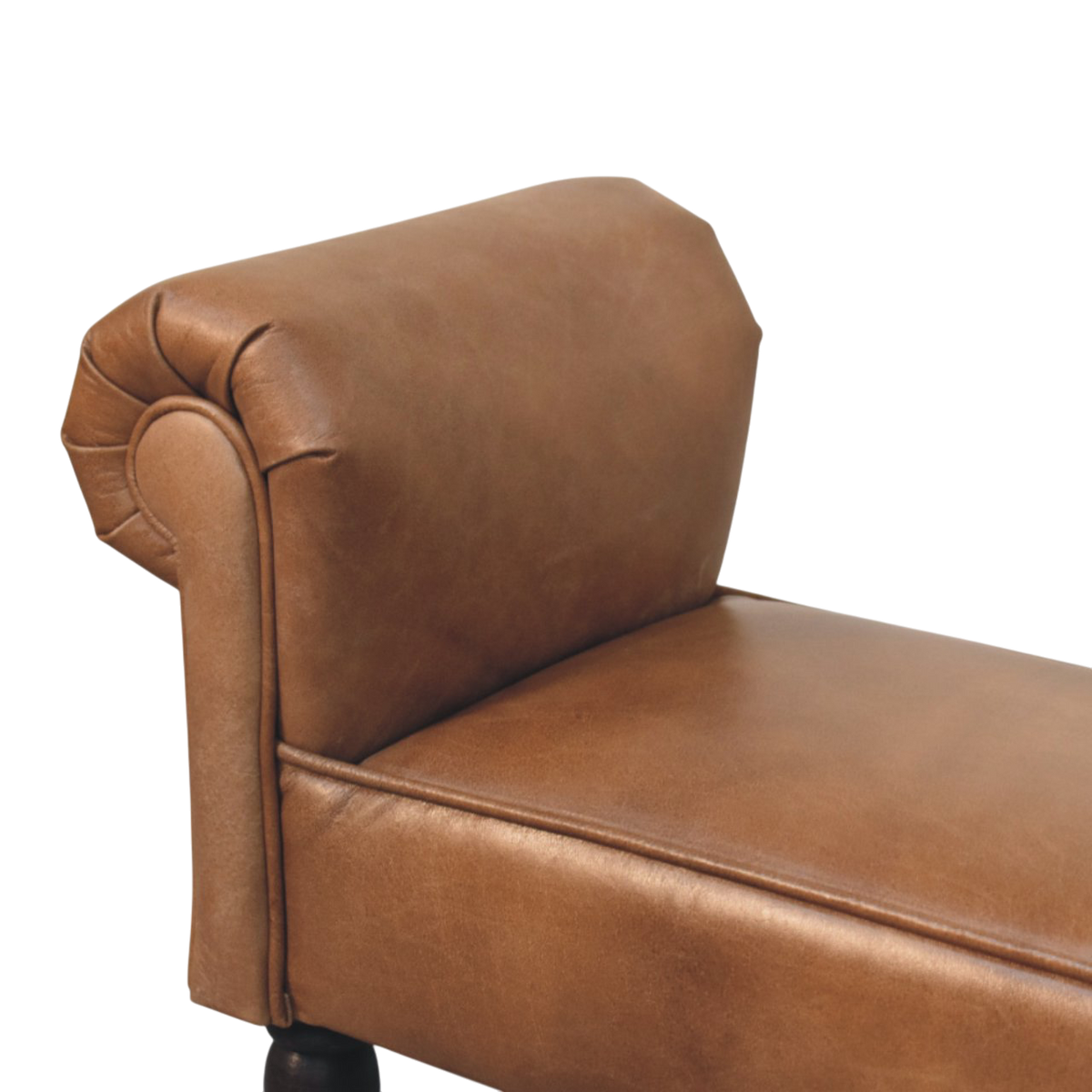 Close view of the rolled arm and upholstery on the Hampstead Roll-Arm Bench in Tobacco Leather.