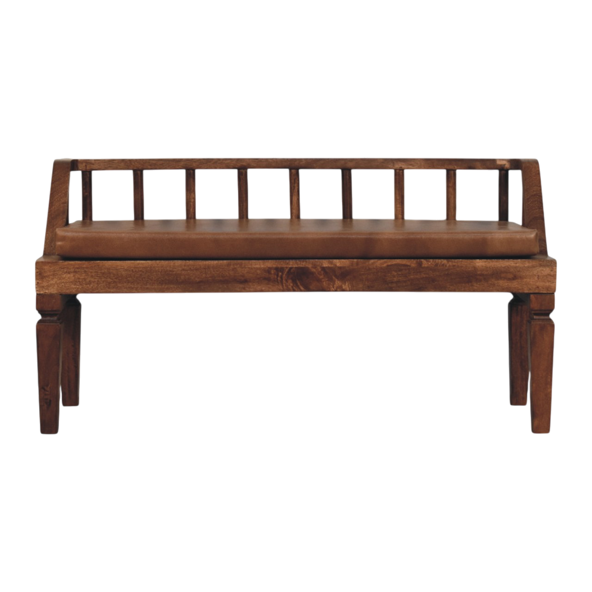 Kelso Bench in Chestnut with Tobacco Leather, front view. Chestnut hardwood with a tobacco leather cushion.