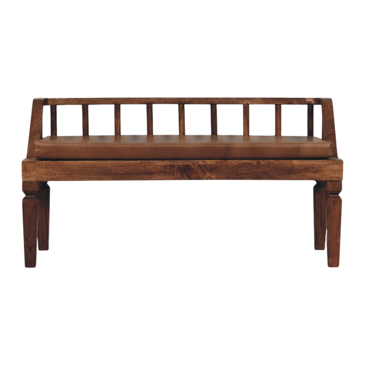 Kelso Bench in Chestnut with Tobacco Leather, front view. Chestnut hardwood with a tobacco leather cushion.