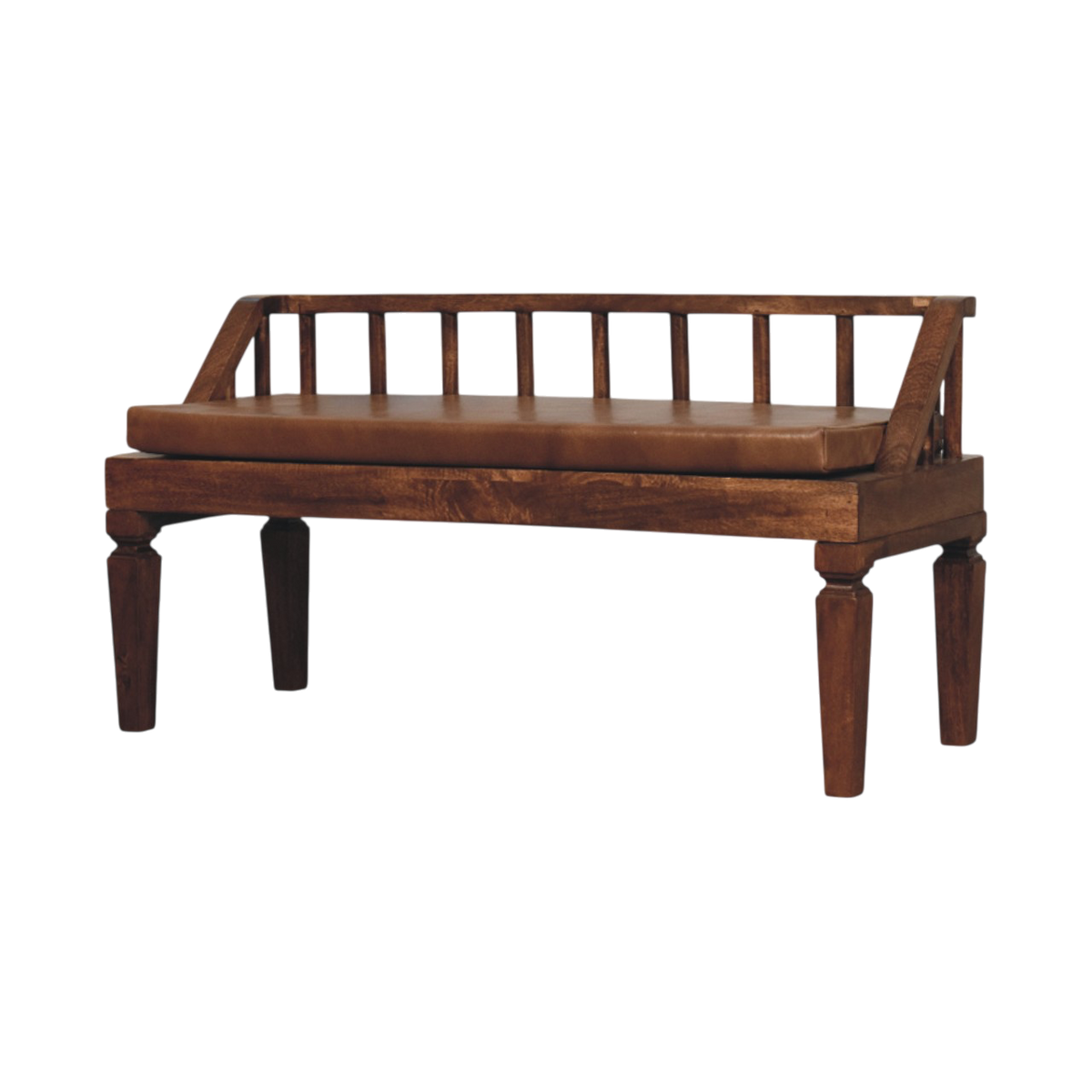 Kelso Bench in Chestnut with Tobacco Leather, three-quarter view showing the full profile.