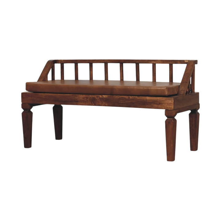 Kelso Bench in Chestnut with Tobacco Leather, three-quarter view showing the full profile.