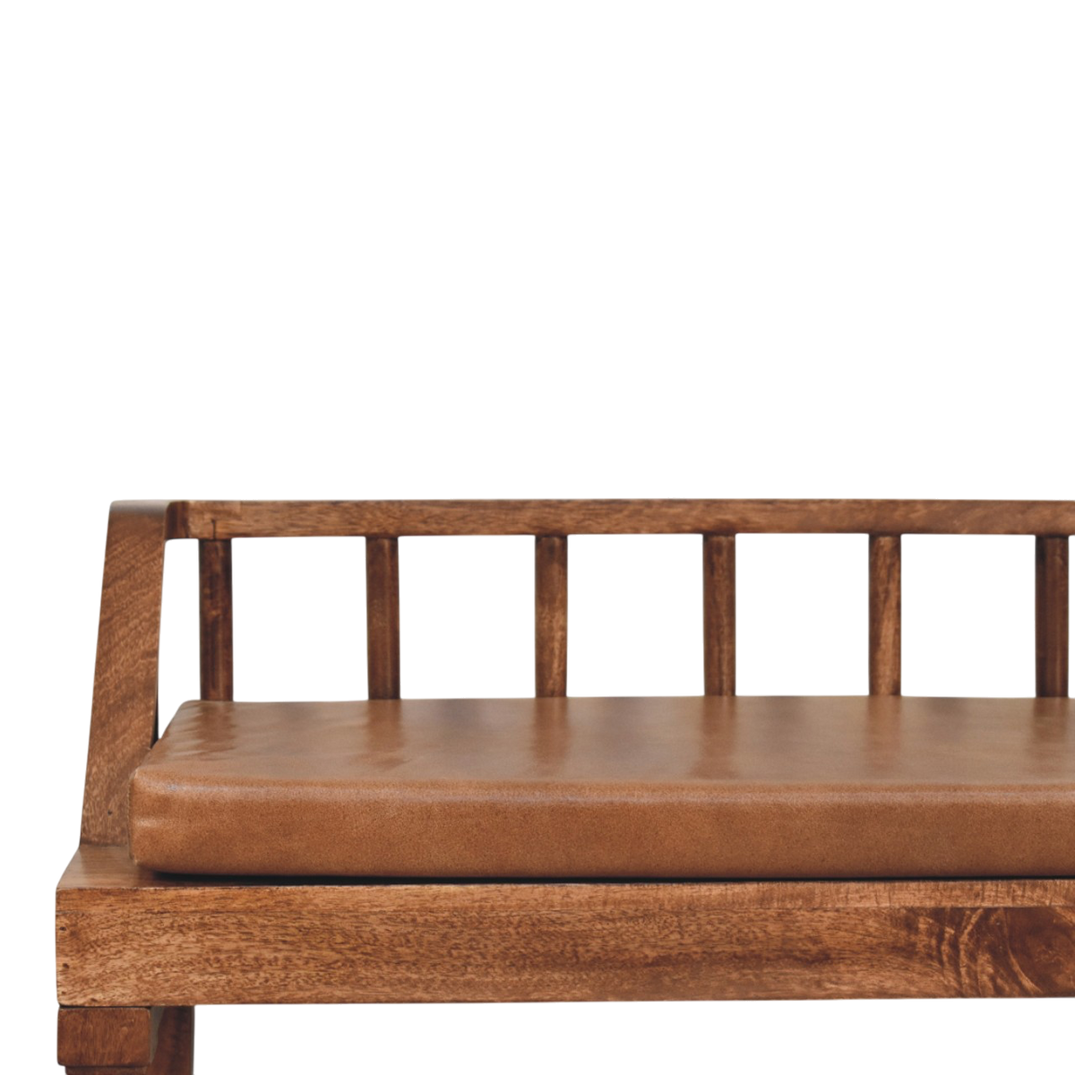 Close view of the turned spindle back on the Kelso Bench in Chestnut with Tobacco Leather.